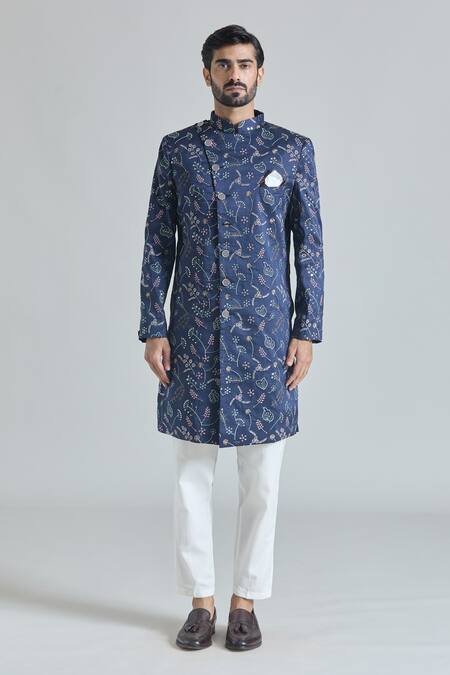 Buy Arihant Rai Sinha Blue Silk, Cotton Embroidery Flora Bloom Sherwani With Polo Pant Buy_Arihant Rai Sinha_Blue Silk, Cotton Embroidery Flora Bloom Sherwani With Polo Pant