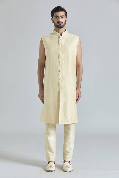 Arihant Rai Sinha_Cream Silk, Viscose, Satin Embroidery Florin Jaal Long Jacket And Kurta Set_Online_at_Aza_Fashions