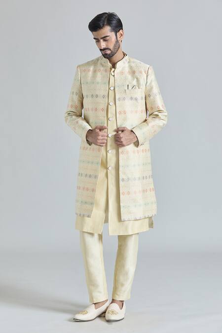 Shop_Arihant Rai Sinha_Cream Silk, Viscose, Satin Embroidery Florin Jaal Long Jacket And Kurta Set_Online_at_Aza_Fashions