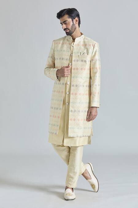 Arihant Rai Sinha_Cream Silk, Viscose, Satin Embroidery Florin Jaal Long Jacket And Kurta Set_at_Aza_Fashions