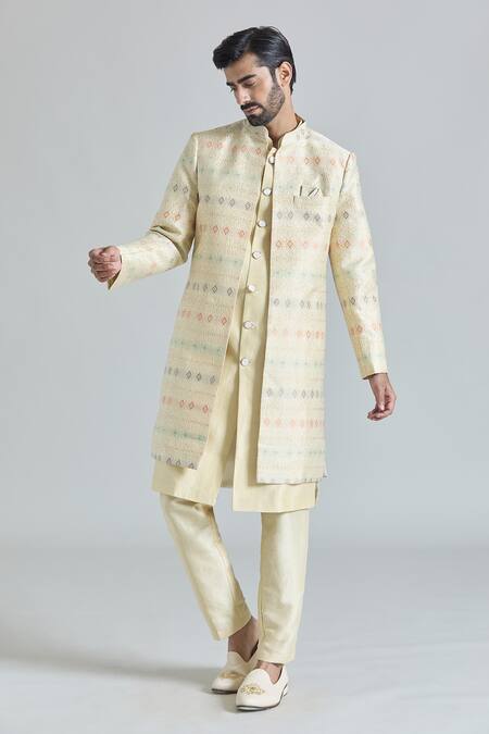 Buy_Arihant Rai Sinha_Cream Silk, Viscose, Satin Embroidery Florin Jaal Long Jacket And Kurta Set