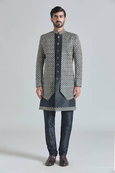 Arihant Rai Sinha_Black Jacquard, Silk, Satin Crest Vine Layered Sherwani With Churidar_Online_at_Aza_Fashions