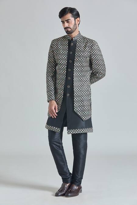 Buy_Arihant Rai Sinha_Black Jacquard, Silk, Satin Crest Vine Layered Sherwani With Churidar_Online_at_Aza_Fashions