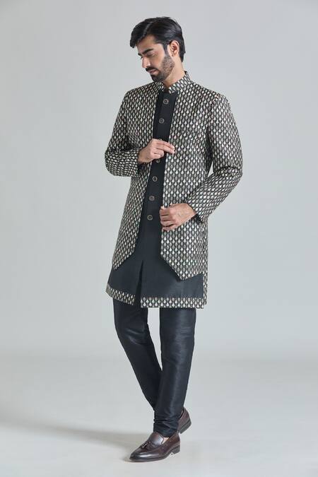 Shop_Arihant Rai Sinha_Black Jacquard, Silk, Satin Crest Vine Layered Sherwani With Churidar_Online_at_Aza_Fashions