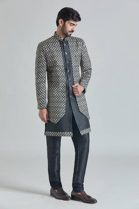 Arihant Rai Sinha_Black Jacquard, Silk, Satin Crest Vine Layered Sherwani With Churidar_at_Aza_Fashions