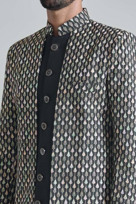 Buy_Arihant Rai Sinha_Black Jacquard, Silk, Satin Crest Vine Layered Sherwani With Churidar