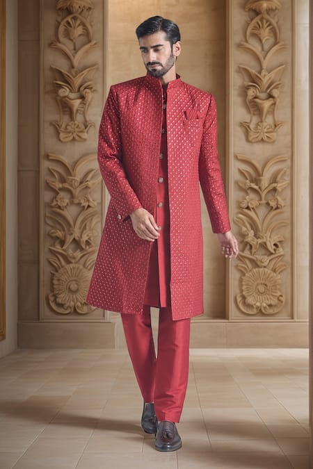 Aryavir Malhotra Crest Embroidered Sherwani Jacket & Pant Set 