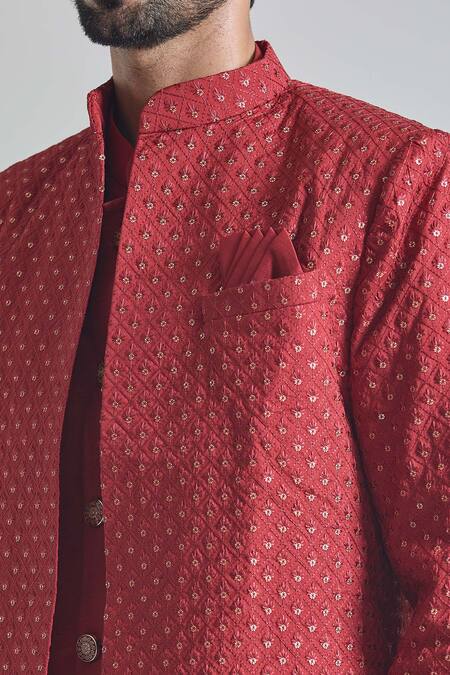 Arihant Rai Sinha_Red Silk, Satin Sequins Crest Embroidered Sherwani Jacket And Pant Set_Online_at_Aza_Fashions