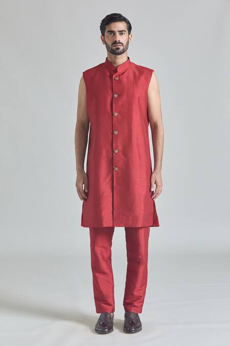 Buy_Arihant Rai Sinha_Red Silk, Satin Sequins Crest Embroidered Sherwani Jacket And Pant Set_Online_at_Aza_Fashions