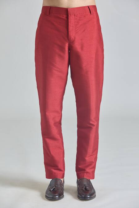 Shop_Arihant Rai Sinha_Red Silk, Satin Sequins Crest Embroidered Sherwani Jacket And Pant Set_Online_at_Aza_Fashions