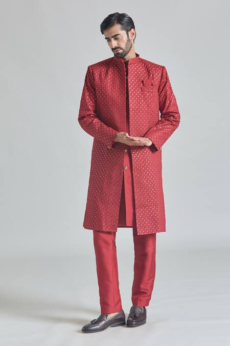 Arihant Rai Sinha_Red Silk, Satin Sequins Crest Embroidered Sherwani Jacket And Pant Set_at_Aza_Fashions