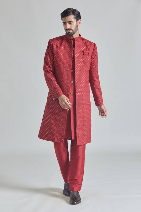 Buy_Arihant Rai Sinha_Red Silk, Satin Sequins Crest Embroidered Sherwani Jacket And Pant Set