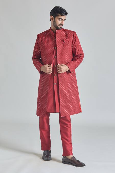Shop_Arihant Rai Sinha_Red Silk, Satin Sequins Crest Embroidered Sherwani Jacket And Pant Set