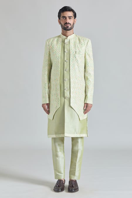 Arihant Rai Sinha_Green Silk, Viscose, Satin Flora Vine Embroidered Layered Sherwani With Pant_Online_at_Aza_Fashions
