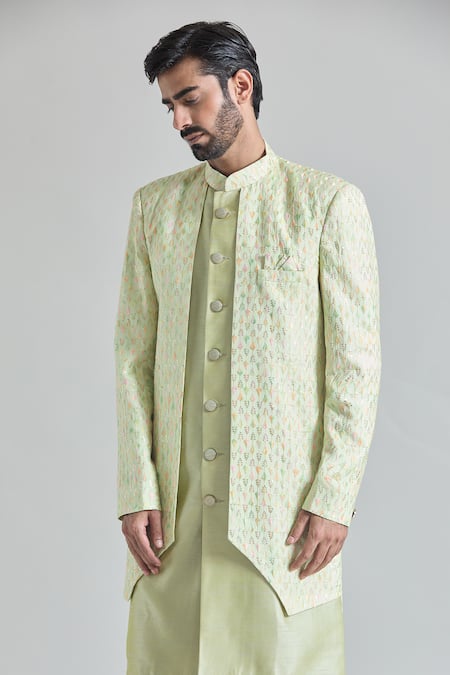 Buy_Arihant Rai Sinha_Green Silk, Viscose, Satin Flora Vine Embroidered Layered Sherwani With Pant_Online_at_Aza_Fashions