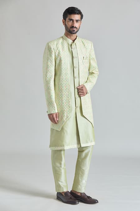 Arihant Rai Sinha_Green Silk, Viscose, Satin Flora Vine Embroidered Layered Sherwani With Pant_at_Aza_Fashions