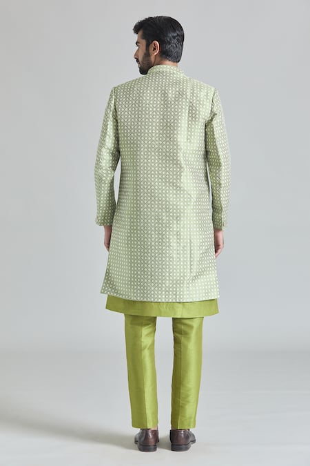 Shop Arihant Rai Sinha Green Silk, Jacquard Embroidery Diamond Bloom Sherwani Jacket And Pant Set at Aza Fashions Shop_Arihant Rai Sinha_Green Silk, Jacquard Embroidery Diamond Bloom Sherwani Jacket And Pant Set_at_Aza_Fashions