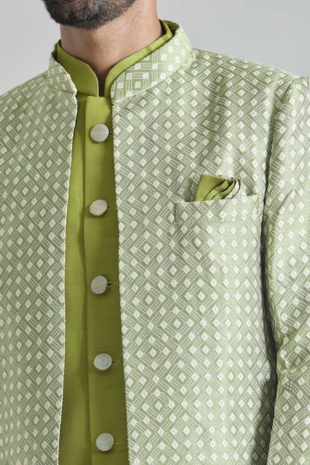 Buy Arihant Rai Sinha Green Silk, Jacquard Embroidery Diamond Bloom Sherwani Jacket And Pant Set Online at Aza Fashions Buy_Arihant Rai Sinha_Green Silk, Jacquard Embroidery Diamond Bloom Sherwani Jacket And Pant Set_Online_at_Aza_Fashions
