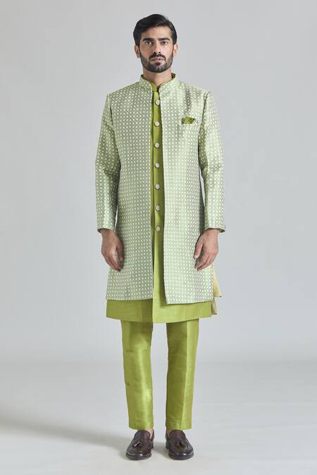 Shop Arihant Rai Sinha Green Silk, Jacquard Embroidery Diamond Bloom Sherwani Jacket And Pant Set Online at Aza Fashions Shop_Arihant Rai Sinha_Green Silk, Jacquard Embroidery Diamond Bloom Sherwani Jacket And Pant Set_Online_at_Aza_Fashions