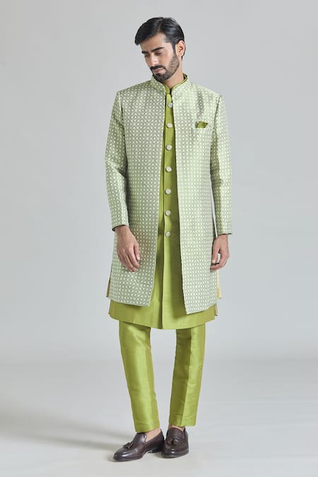 Arihant Rai Sinha Green Silk, Jacquard Embroidery Diamond Bloom Sherwani Jacket And Pant Set at Aza Fashions Arihant Rai Sinha_Green Silk, Jacquard Embroidery Diamond Bloom Sherwani Jacket And Pant Set_at_Aza_Fashions