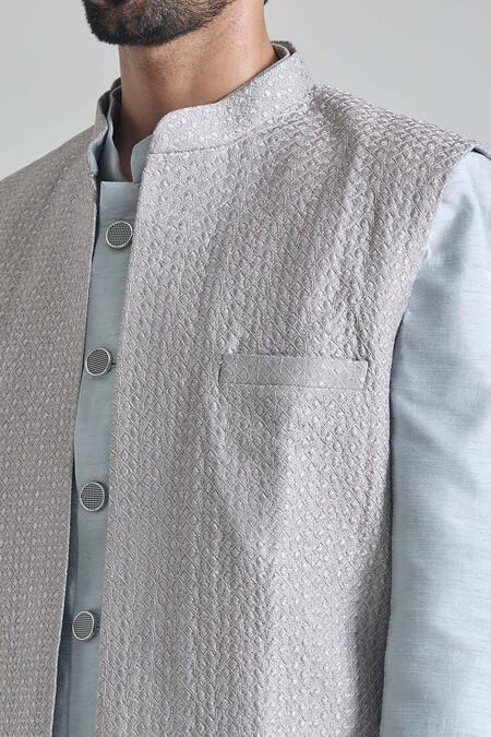 Buy_Arihant Rai Sinha_Grey Silk, Satin Embroidery Phool Jaal Sherwani Jacket And Pant Set_Online_at_Aza_Fashions