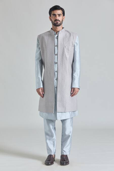 Shop_Arihant Rai Sinha_Grey Silk, Satin Embroidery Phool Jaal Sherwani Jacket And Pant Set_Online_at_Aza_Fashions