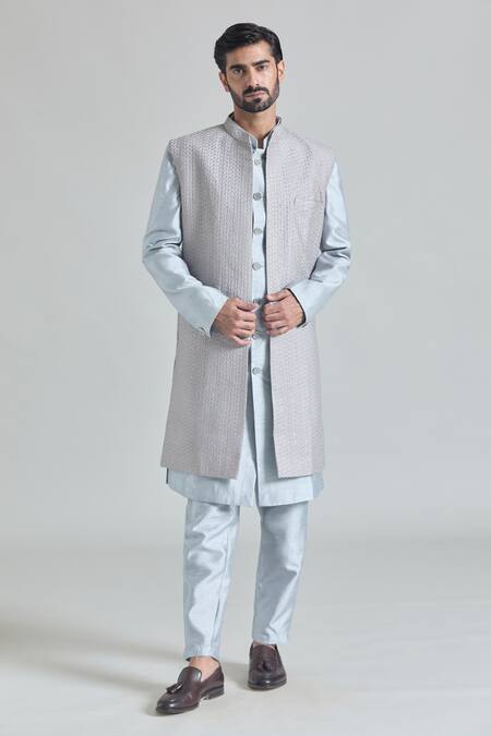 Arihant Rai Sinha_Grey Silk, Satin Embroidery Phool Jaal Sherwani Jacket And Pant Set_at_Aza_Fashions