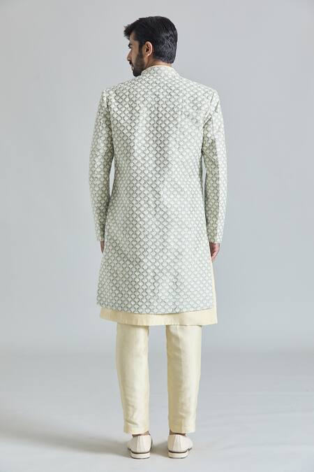 Shop Arihant Rai Sinha Green Silk, Cotton, Satin Embroidery Phool Crest Sherwani Jacket And Pant Set at Aza Fashions Shop_Arihant Rai Sinha_Green Silk, Cotton, Satin Embroidery Phool Crest Sherwani Jacket And Pant Set_at_Aza_Fashions