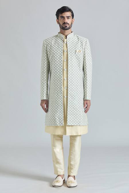 Shop Arihant Rai Sinha Green Silk, Cotton, Satin Embroidery Phool Crest Sherwani Jacket And Pant Set Online at Aza Fashions Shop_Arihant Rai Sinha_Green Silk, Cotton, Satin Embroidery Phool Crest Sherwani Jacket And Pant Set_Online_at_Aza_Fashions