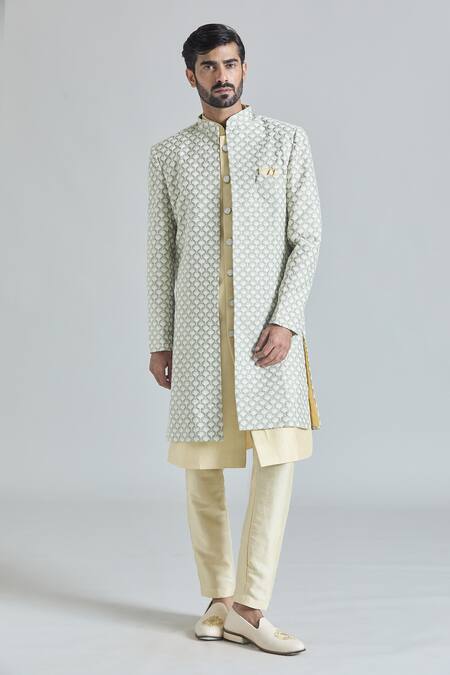 Arihant Rai Sinha Green Silk, Cotton, Satin Embroidery Phool Crest Sherwani Jacket And Pant Set at Aza Fashions Arihant Rai Sinha_Green Silk, Cotton, Satin Embroidery Phool Crest Sherwani Jacket And Pant Set_at_Aza_Fashions