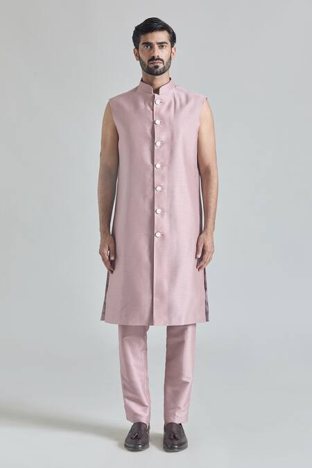 Arihant Rai Sinha_Pink Silk, Satin Embroidery Phool Sherwani Jacket And Pant Set_Online_at_Aza_Fashions
