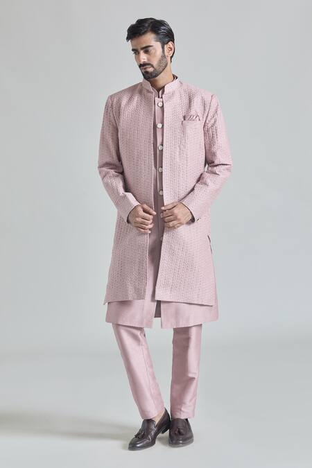 Shop_Arihant Rai Sinha_Pink Silk, Satin Embroidery Phool Sherwani Jacket And Pant Set_Online_at_Aza_Fashions