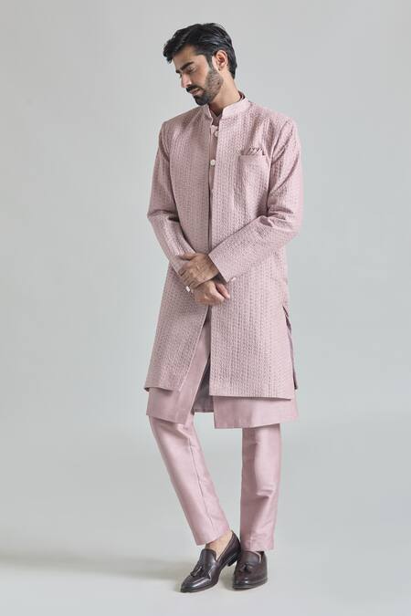 Arihant Rai Sinha_Pink Silk, Satin Embroidery Phool Sherwani Jacket And Pant Set_at_Aza_Fashions