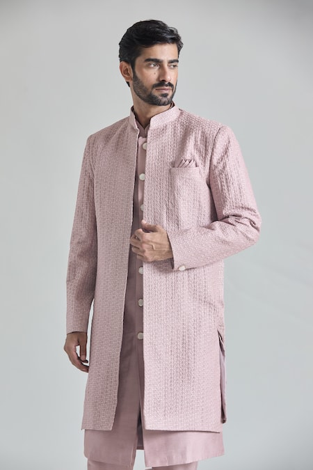 Buy_Arihant Rai Sinha_Pink Silk, Satin Embroidery Phool Sherwani Jacket And Pant Set