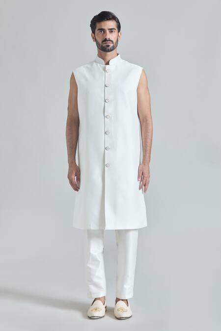 Arihant Rai Sinha_White Maheshwari, Satin, Silk Embroidery Phool Mahal Sherwani Jacket And Pant Set_Online_at_Aza_Fashions