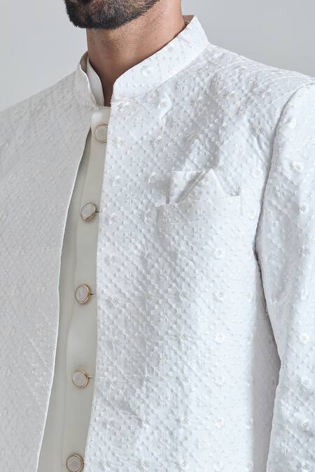 Buy_Arihant Rai Sinha_White Maheshwari, Satin, Silk Embroidery Phool Mahal Sherwani Jacket And Pant Set_Online_at_Aza_Fashions