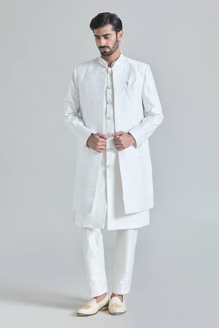 Shop_Arihant Rai Sinha_White Maheshwari, Satin, Silk Embroidery Phool Mahal Sherwani Jacket And Pant Set_Online_at_Aza_Fashions