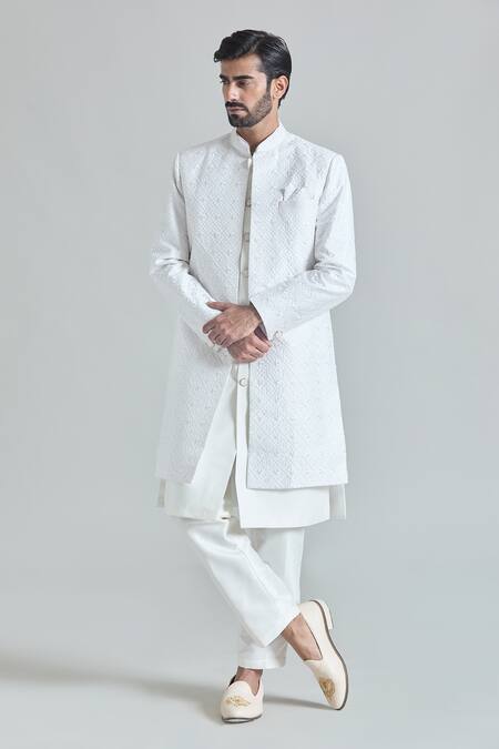 Arihant Rai Sinha_White Maheshwari, Satin, Silk Embroidery Phool Mahal Sherwani Jacket And Pant Set_at_Aza_Fashions