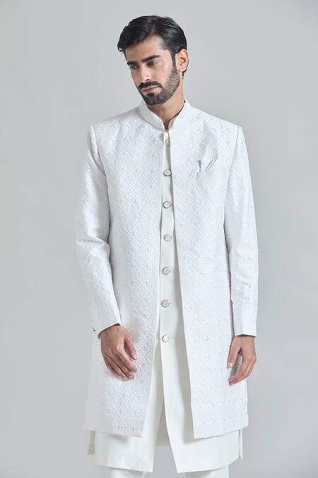 Buy_Arihant Rai Sinha_White Maheshwari, Satin, Silk Embroidery Phool Mahal Sherwani Jacket And Pant Set