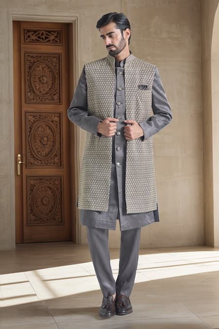 Aryavir Malhotra Teardrop Bloom Embroidered Sherwani Jacket & Pant Set 