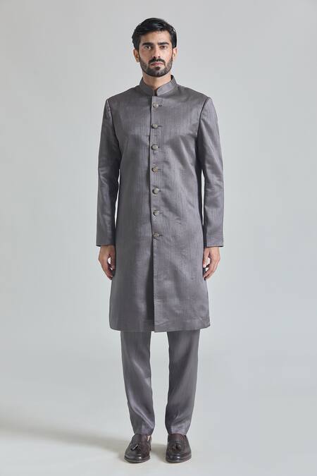 Arihant Rai Sinha_Grey Silk, Satin Embroidery Teardrop Bloom Sherwani Jacket And Pant Set_Online_at_Aza_Fashions
