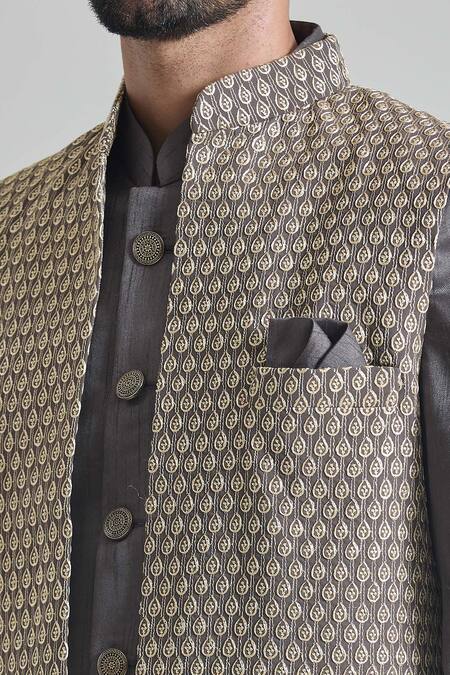 Buy_Arihant Rai Sinha_Grey Silk, Satin Embroidery Teardrop Bloom Sherwani Jacket And Pant Set_Online_at_Aza_Fashions