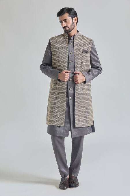 Shop_Arihant Rai Sinha_Grey Silk, Satin Embroidery Teardrop Bloom Sherwani Jacket And Pant Set_Online_at_Aza_Fashions