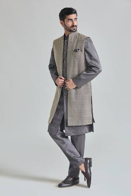 Arihant Rai Sinha_Grey Silk, Satin Embroidery Teardrop Bloom Sherwani Jacket And Pant Set_at_Aza_Fashions