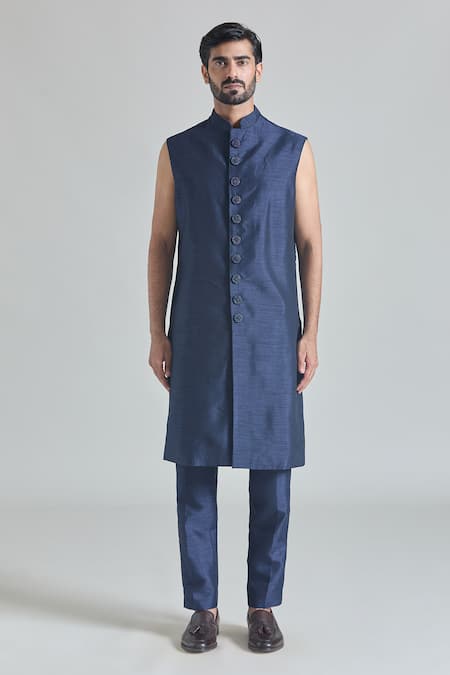 Arihant Rai Sinha_Blue Silk, Satin Sequins, Embroidery Bloom Mahal Sherwani Jacket And Pant Set _Online_at_Aza_Fashions