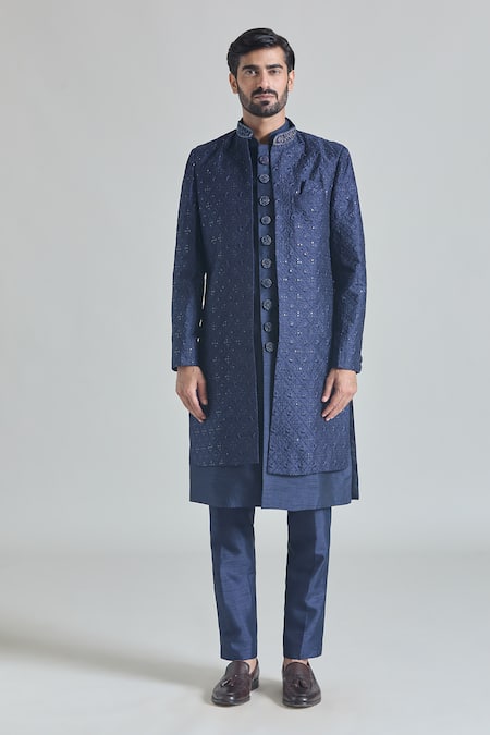 Buy_Arihant Rai Sinha_Blue Silk, Satin Sequins, Embroidery Bloom Mahal Sherwani Jacket And Pant Set _Online_at_Aza_Fashions