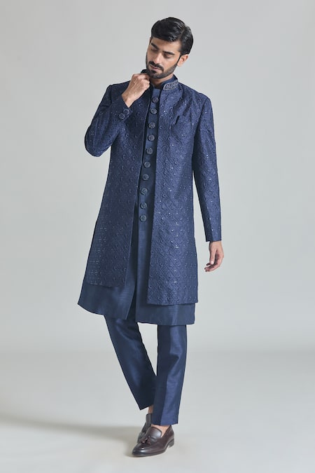 Shop_Arihant Rai Sinha_Blue Silk, Satin Sequins, Embroidery Bloom Mahal Sherwani Jacket And Pant Set _Online_at_Aza_Fashions