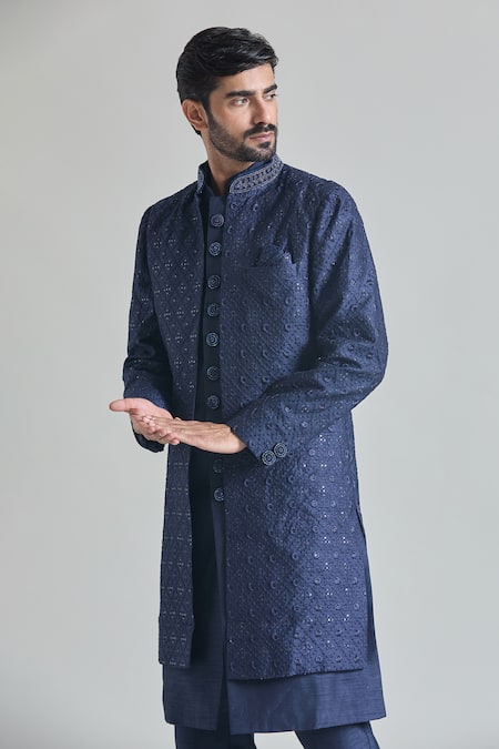 Arihant Rai Sinha_Blue Silk, Satin Sequins, Embroidery Bloom Mahal Sherwani Jacket And Pant Set _at_Aza_Fashions