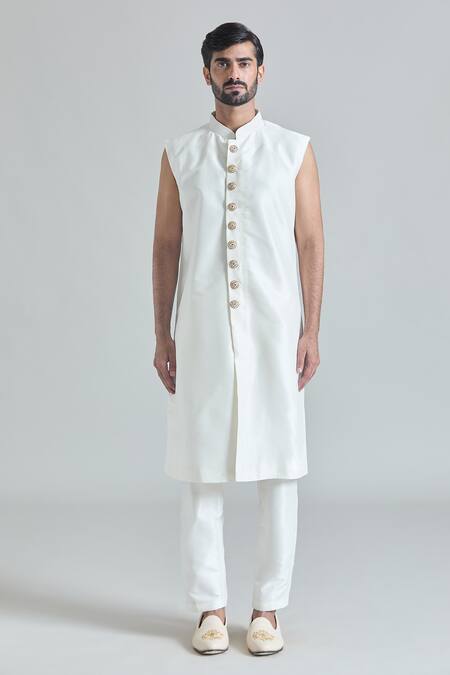 Buy_Arihant Rai Sinha_White Silk, Satin Sequins Mirror Jaal Embroidered Sherwani Jacket And Pant Set_Online_at_Aza_Fashions