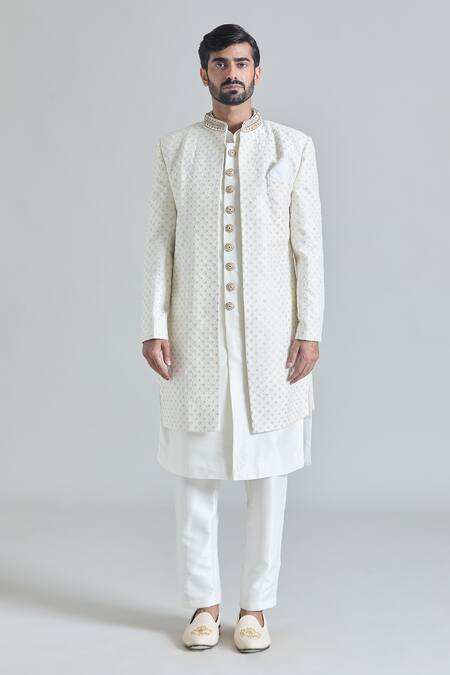 Shop_Arihant Rai Sinha_White Silk, Satin Sequins Mirror Jaal Embroidered Sherwani Jacket And Pant Set_Online_at_Aza_Fashions